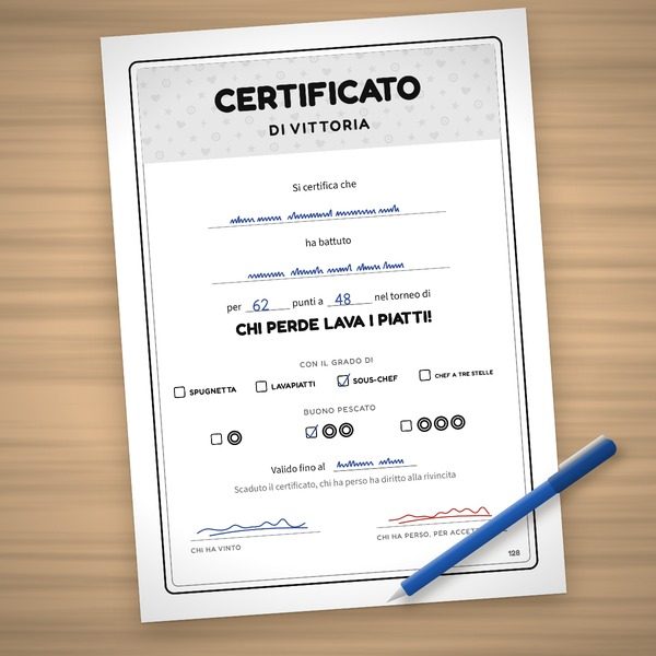 Il certificato di vittoria compilato a penna in fondo al libro.